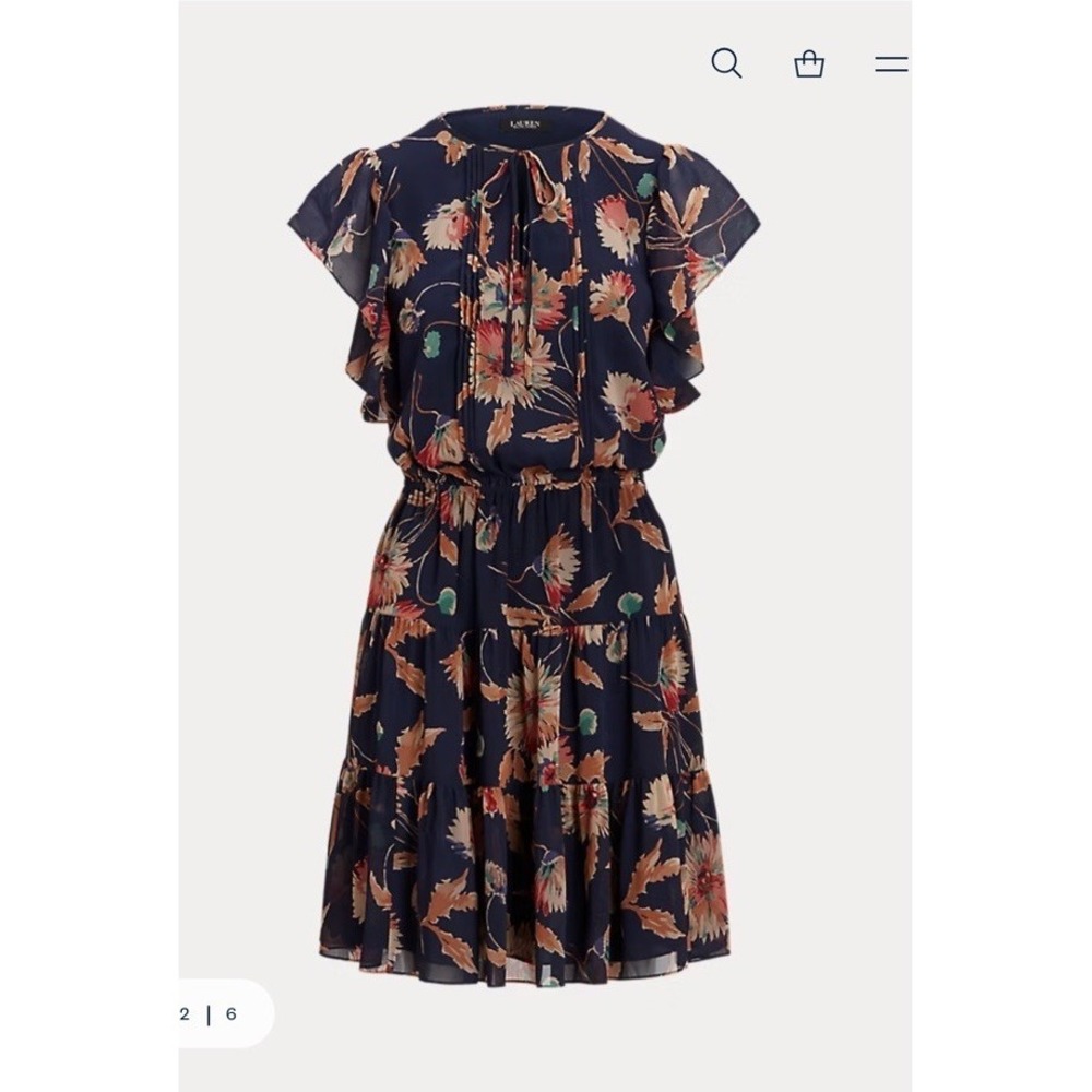 Lauren Ralph Lauren Floral Crinkle‎ Georgette Tie Neck Dress Sz 14